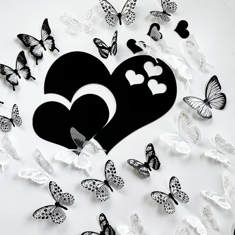 TVPHLLY 3D Crystal Butterfly and Acrylic Mirror Hearts Wall Stickers with Adhesive Art Decal Satin Paper Baby Kids Bedroom Home DIY Decor Removable Stickers (36 Butterfly and Black Heart) - Image 3